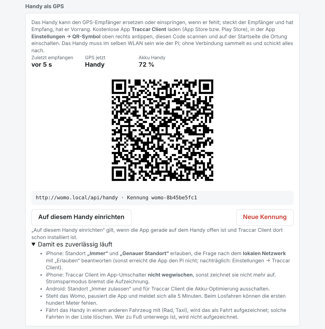 Der Kasten Handy als GPS: Zustand, QR-Code für Traccar Client und Hinweise