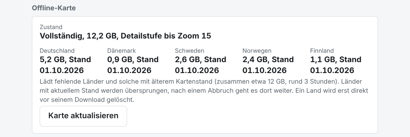 Der Kasten Offline-Karte: Zustand und Größe je Land