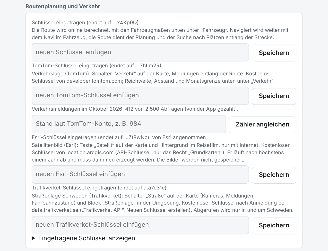 Die vier Schlüsselfelder: openrouteservice, TomTom, Esri und Trafikverket