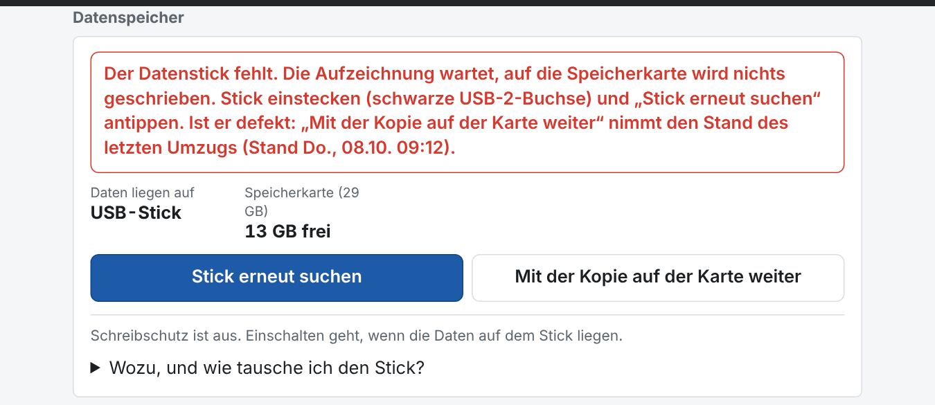 Der Kasten, wenn der Datenstick fehlt