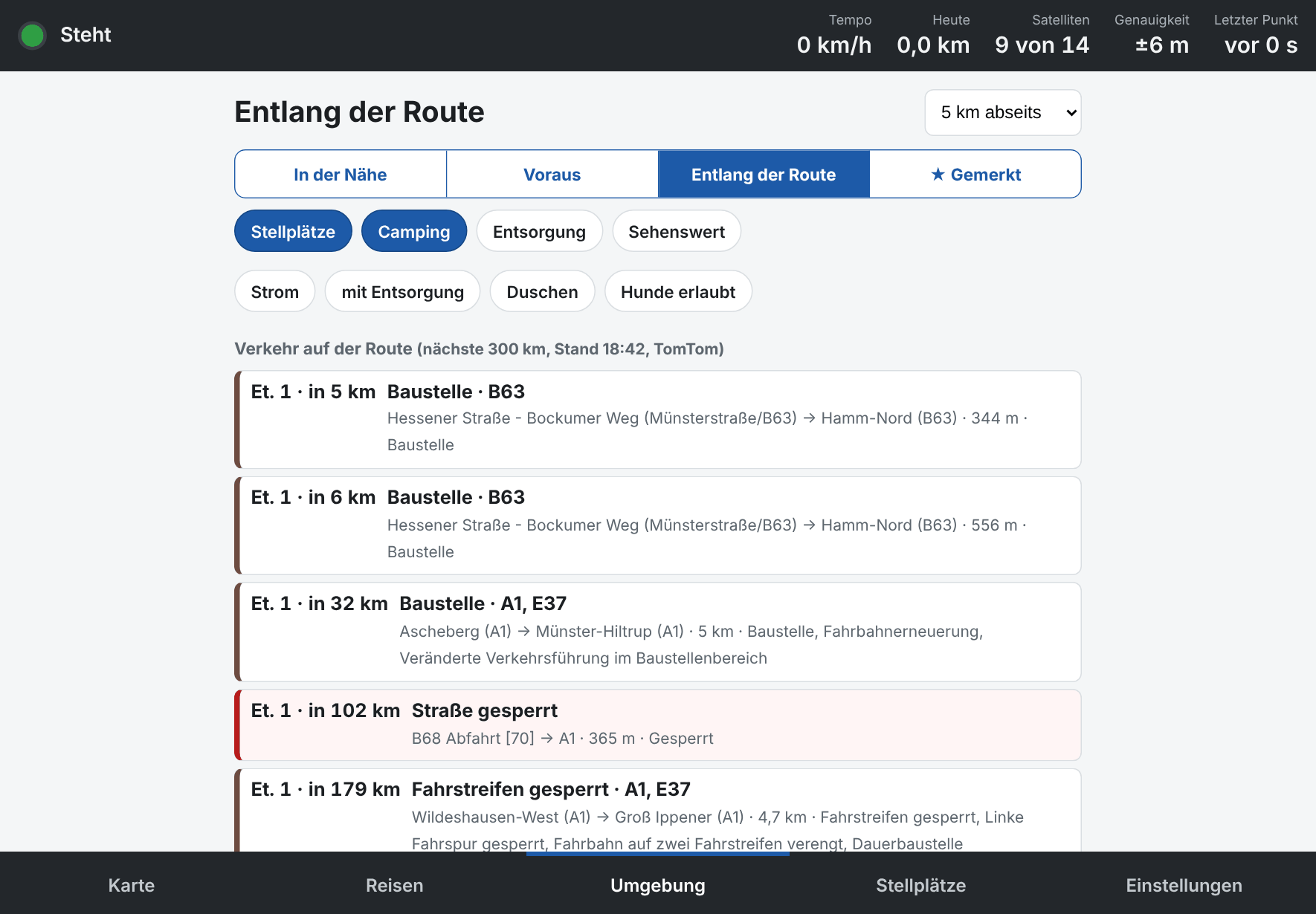 Entlang der Route: Plätze mit Etappe, Kilometer und Ankunftszeit