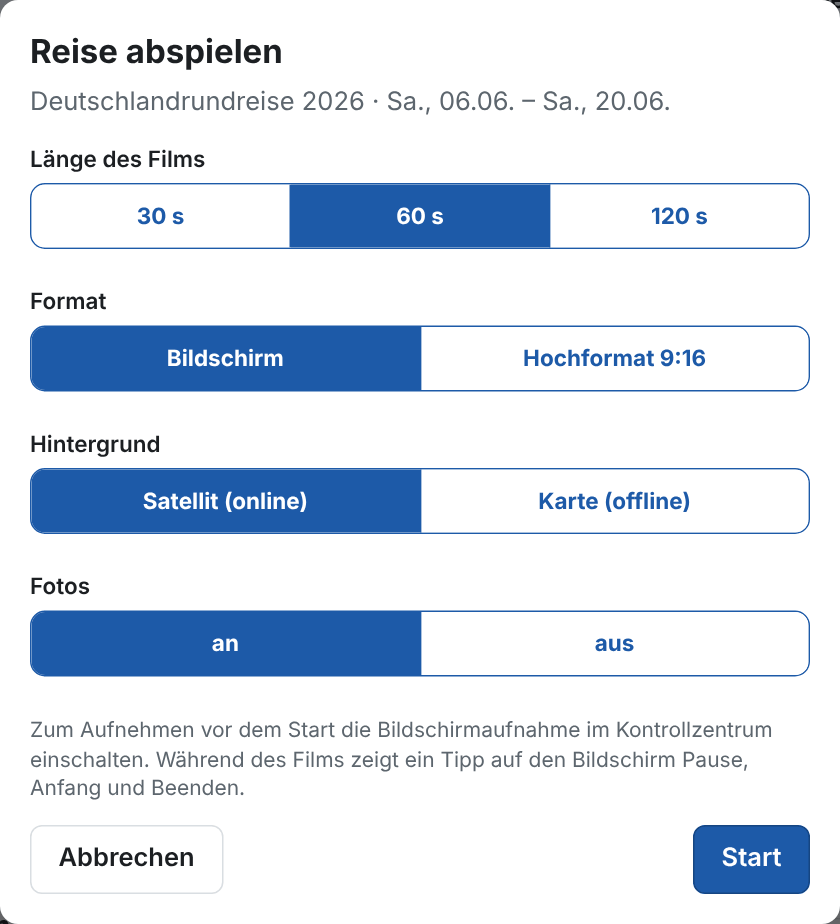 Das Startfenster: Länge, Format, Hintergrund und Fotos