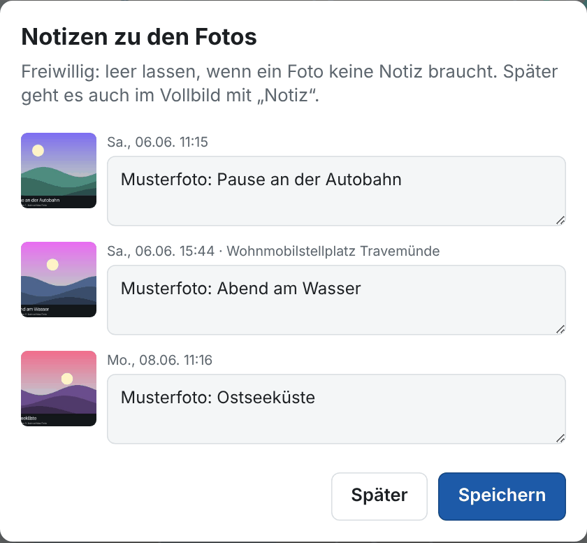 Nach dem Hochladen: die neuen Fotos mit je einem Notizfeld