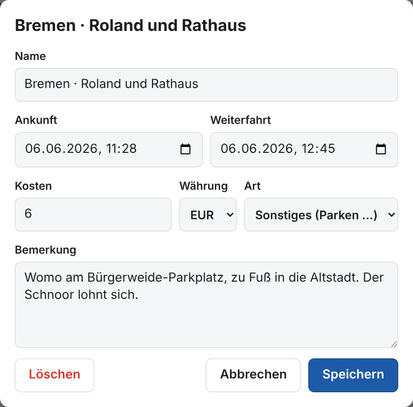 Einen Zwischenhalt bearbeiten: Name, Zeiten, Kosten und Bemerkung