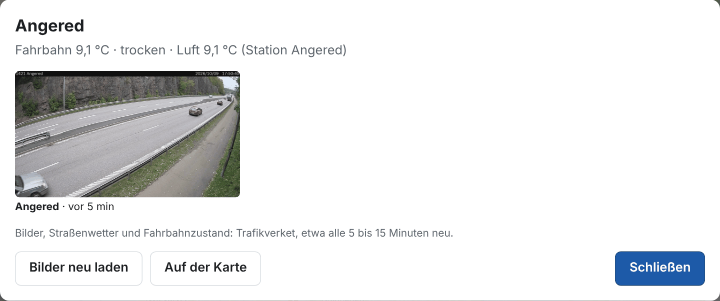 Eine Straßenkamera in Schweden mit Straßenwetter und Fahrbahnzustand