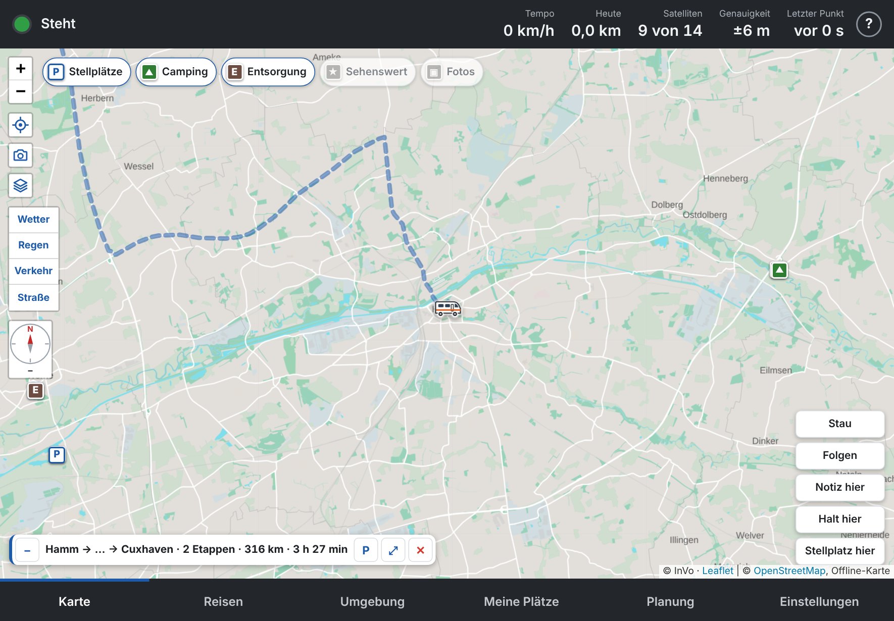 Die Karte aus der Nähe: Standort, Route und links die Tasten
