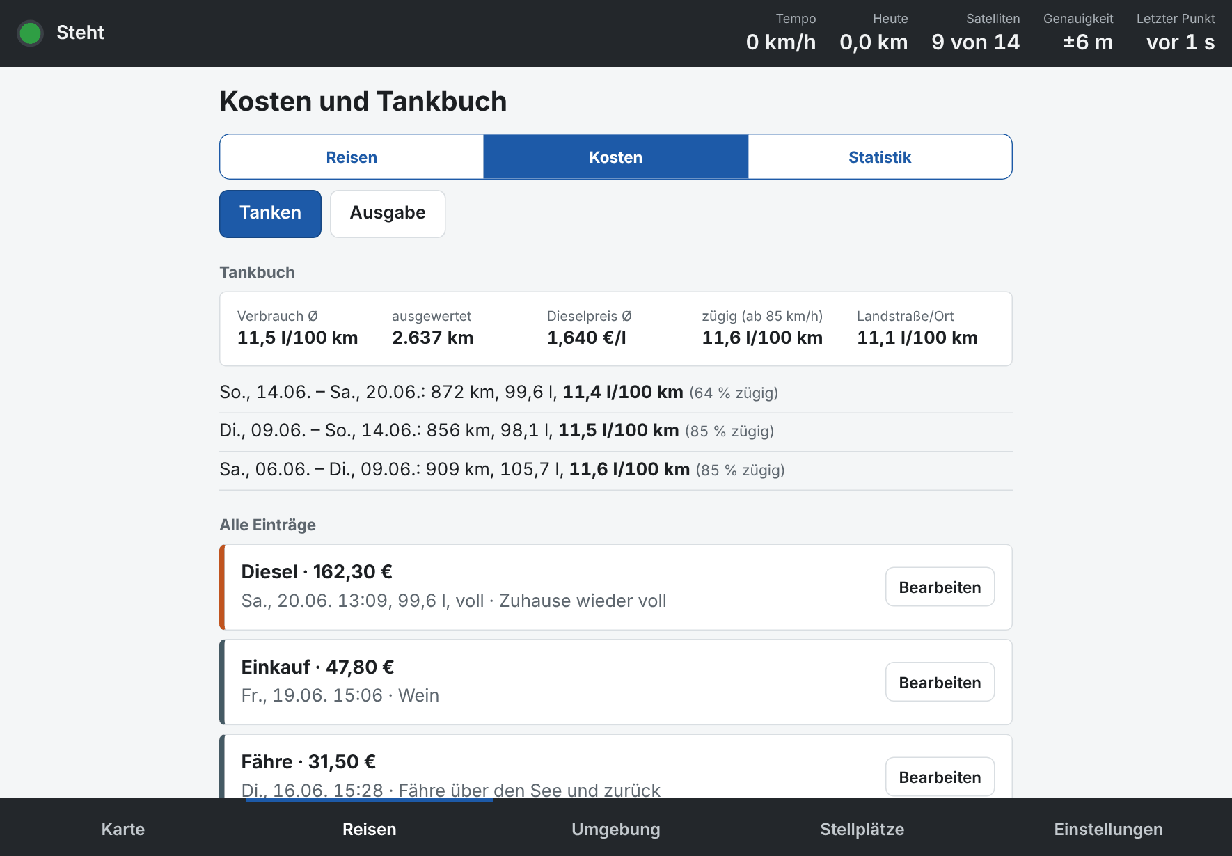 Kosten und Tankbuch mit Verbrauch