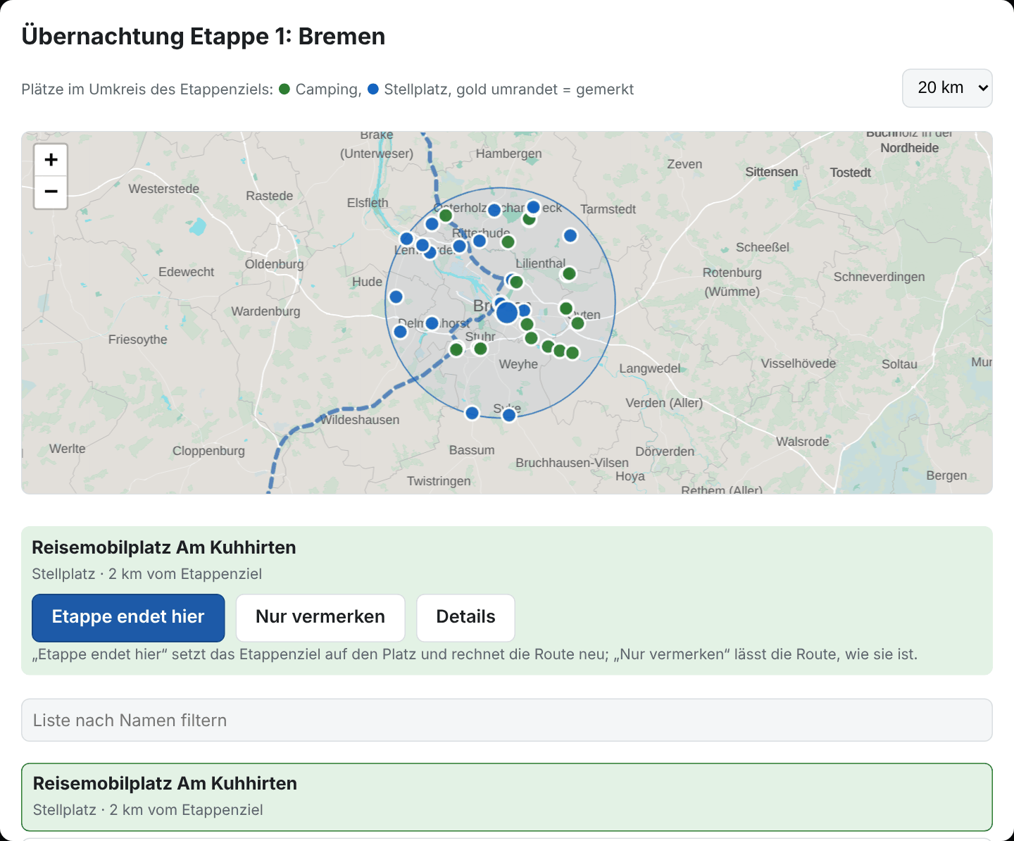 Übernachtungsplatz wählen: Karte des Suchbereichs, gewählter Platz und Liste