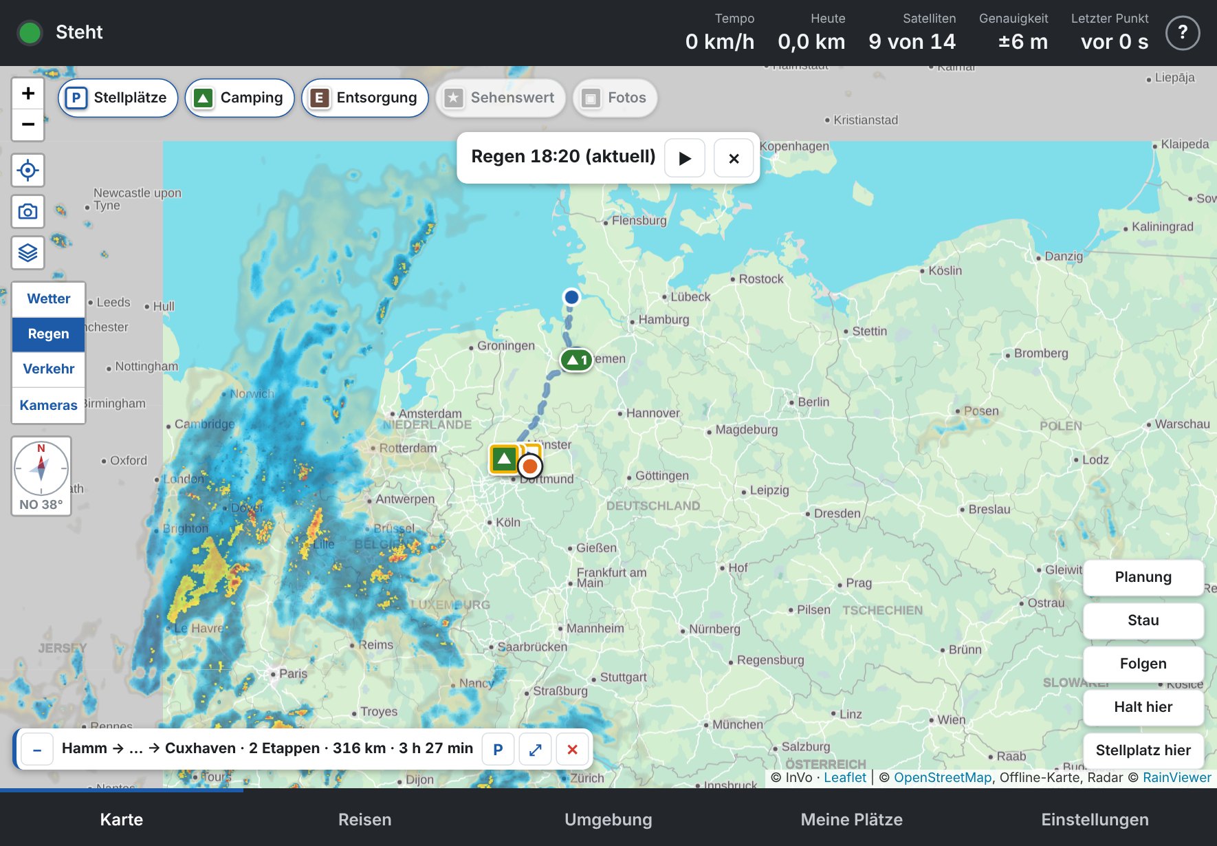 Regenradar eingeschaltet: oben die Leiste mit Uhrzeit, Abspieltaste und Schließen (im Bild regnet es gerade nirgends)