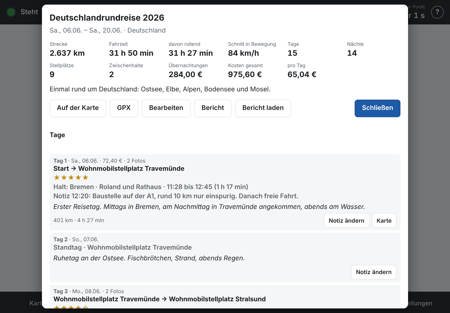 Details einer Reise: Kennzahlen und die ersten Tage