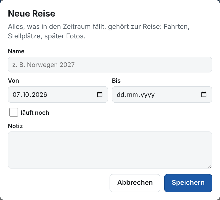 Eine neue Reise mit Zeitraum anlegen