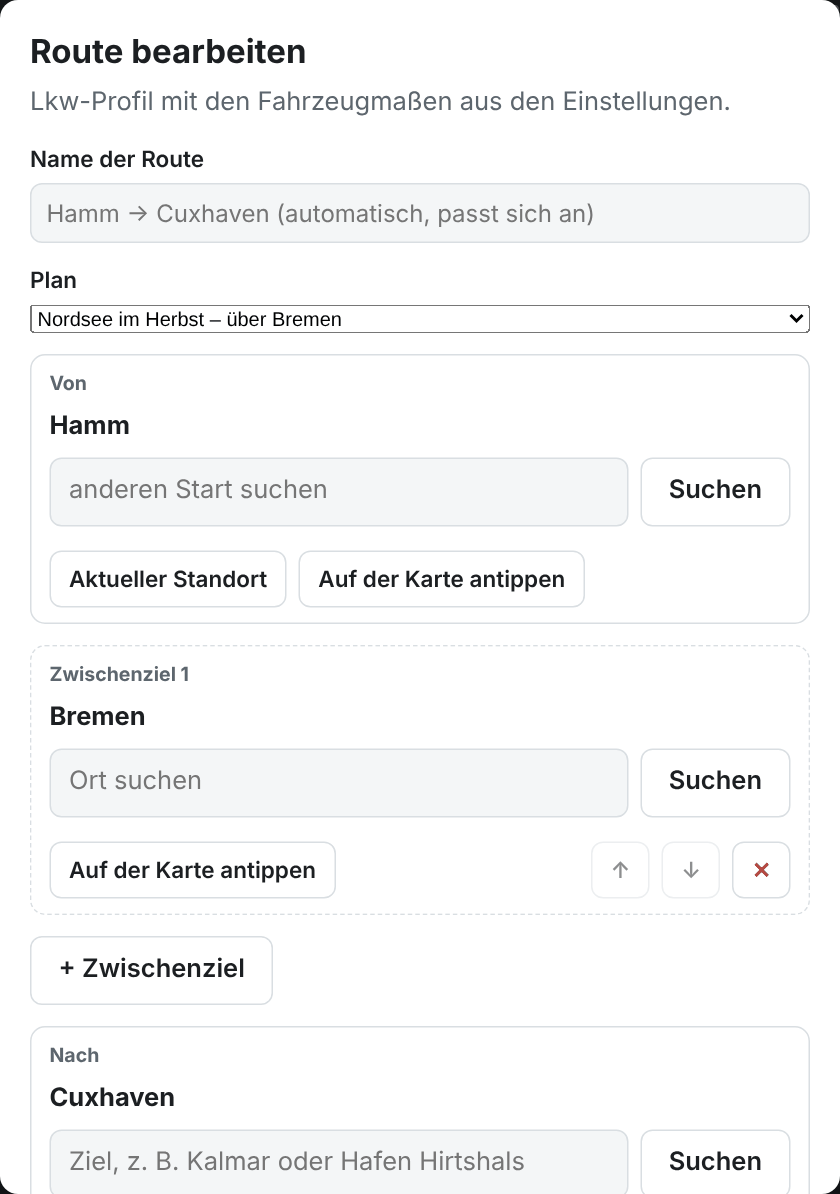 Route planen oder bearbeiten: Name, Plan, Von, Zwischenziel, Nach