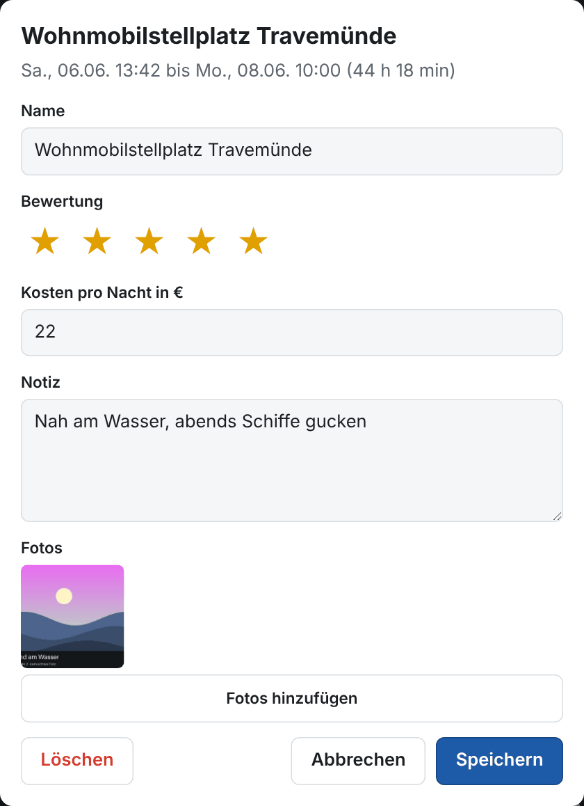 Einen Stellplatz bearbeiten: Name, Bewertung, Preis, Notiz und Fotos