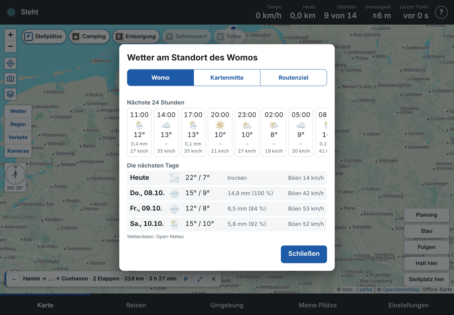 Wettervorhersage für den Standort, die Kartenmitte oder das Routenziel